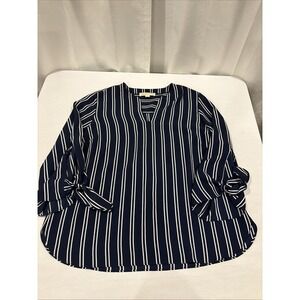 Michael Kors Women Large Navy White Double Stripe V-Neck Tie Sleeve Blouse Top